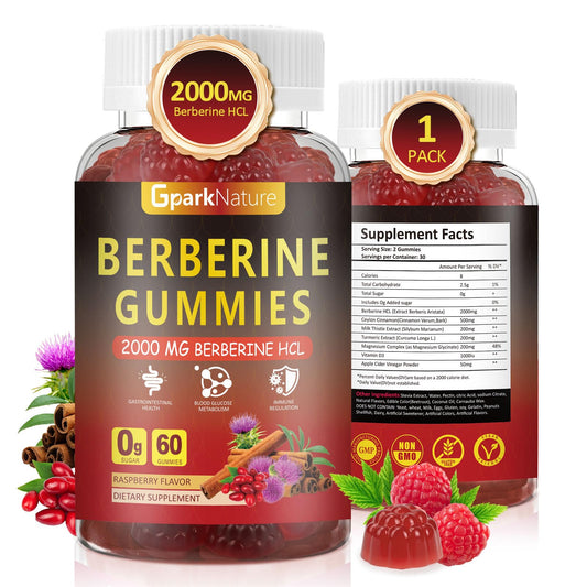 Front view of Berberine Gummies bottle in raspberry flavor, 60 count