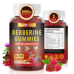 Front view of Berberine Gummies bottle in raspberry flavor, 60 count