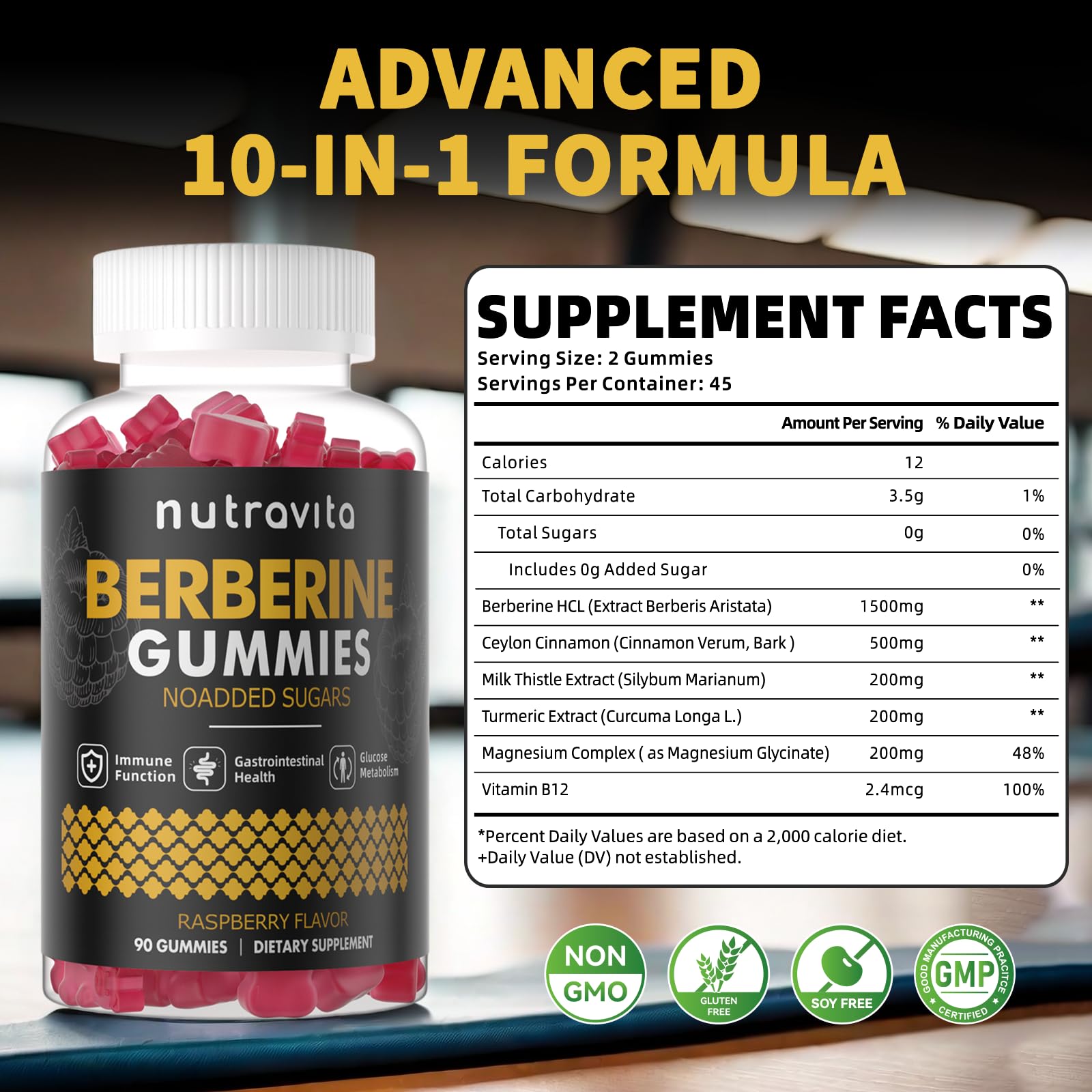 Berberine Gummies with Cinnamon 1500mg Raspberry flavor ingredients chart