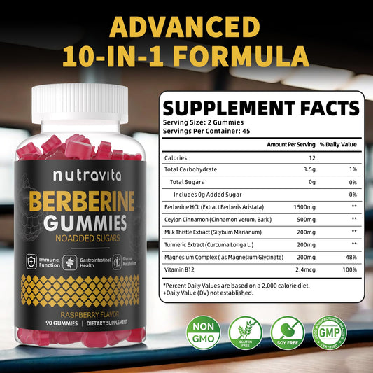 Berberine Gummies with Cinnamon 1500mg Raspberry flavor ingredients chart