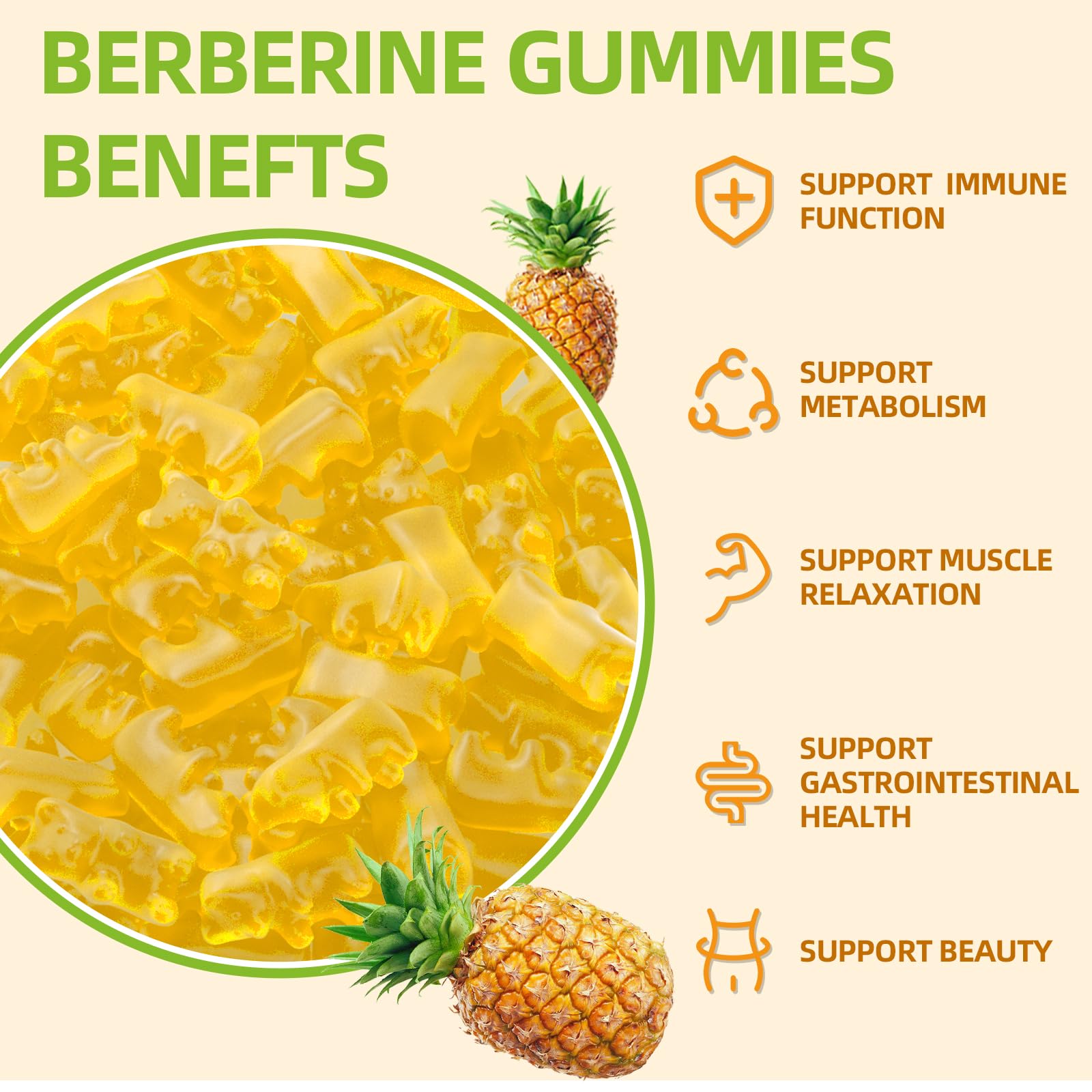 Close-up of pineapple-flavored gummies in a clear container