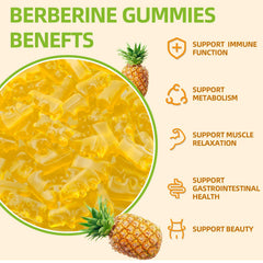 Close-up of pineapple-flavored gummies in a clear container