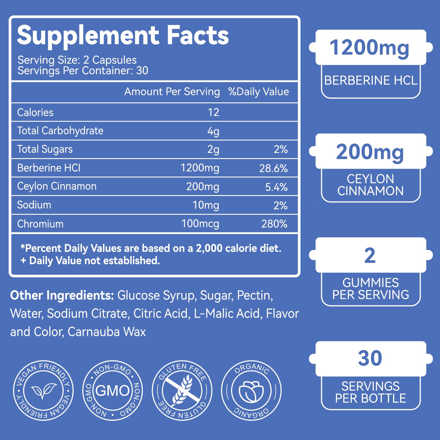 Vegan, Non-GMO and gelatin-free certification icons