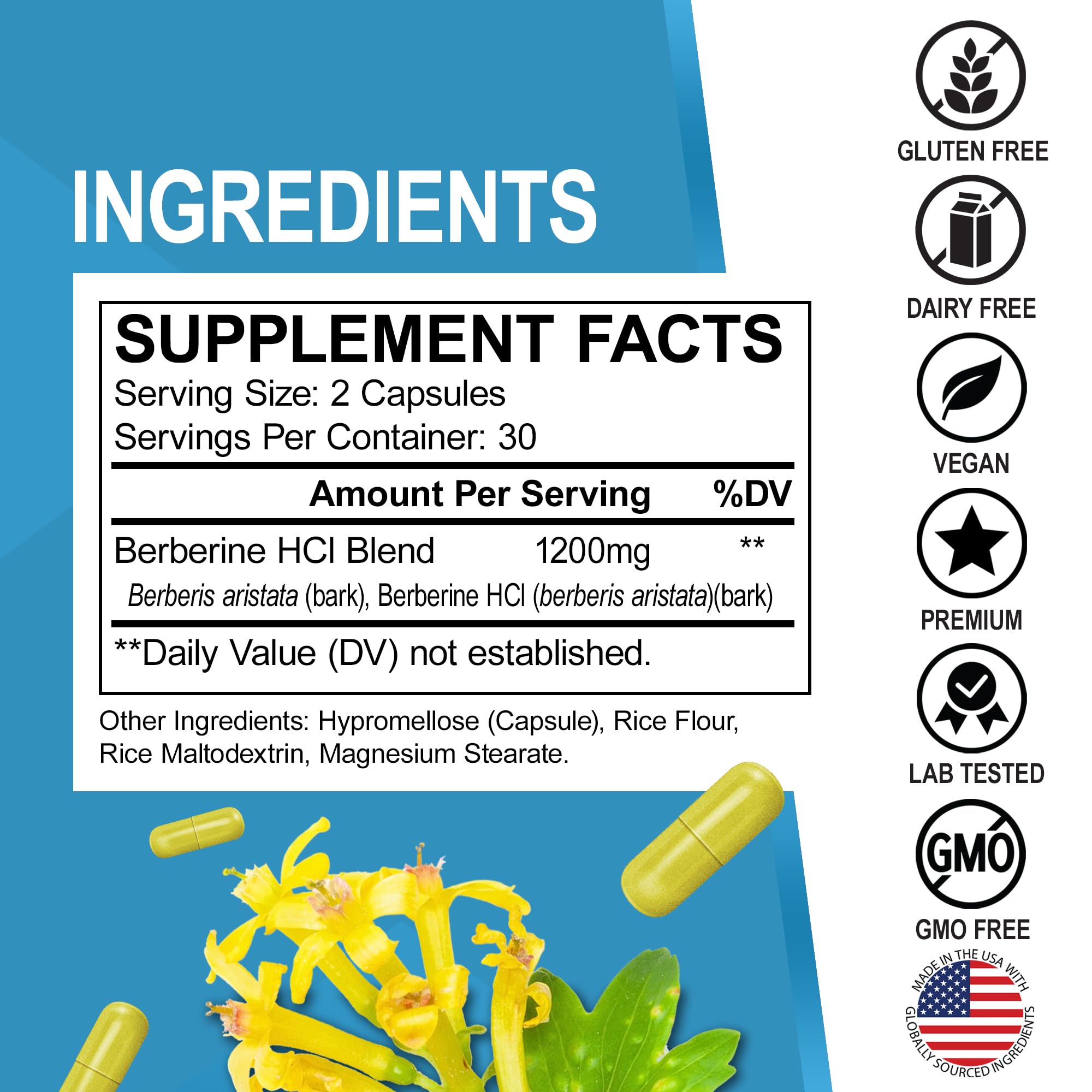 Close-up of berberine HCl 1200mg capsules