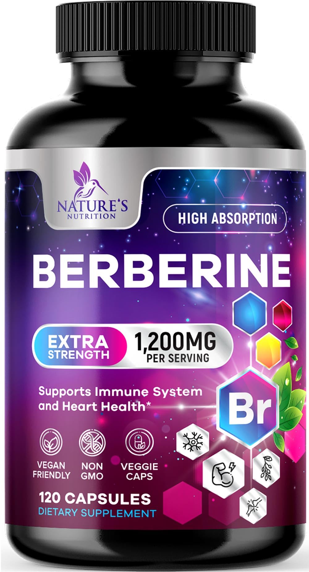Front view of Berberine HCL 1200mg capsules bottle