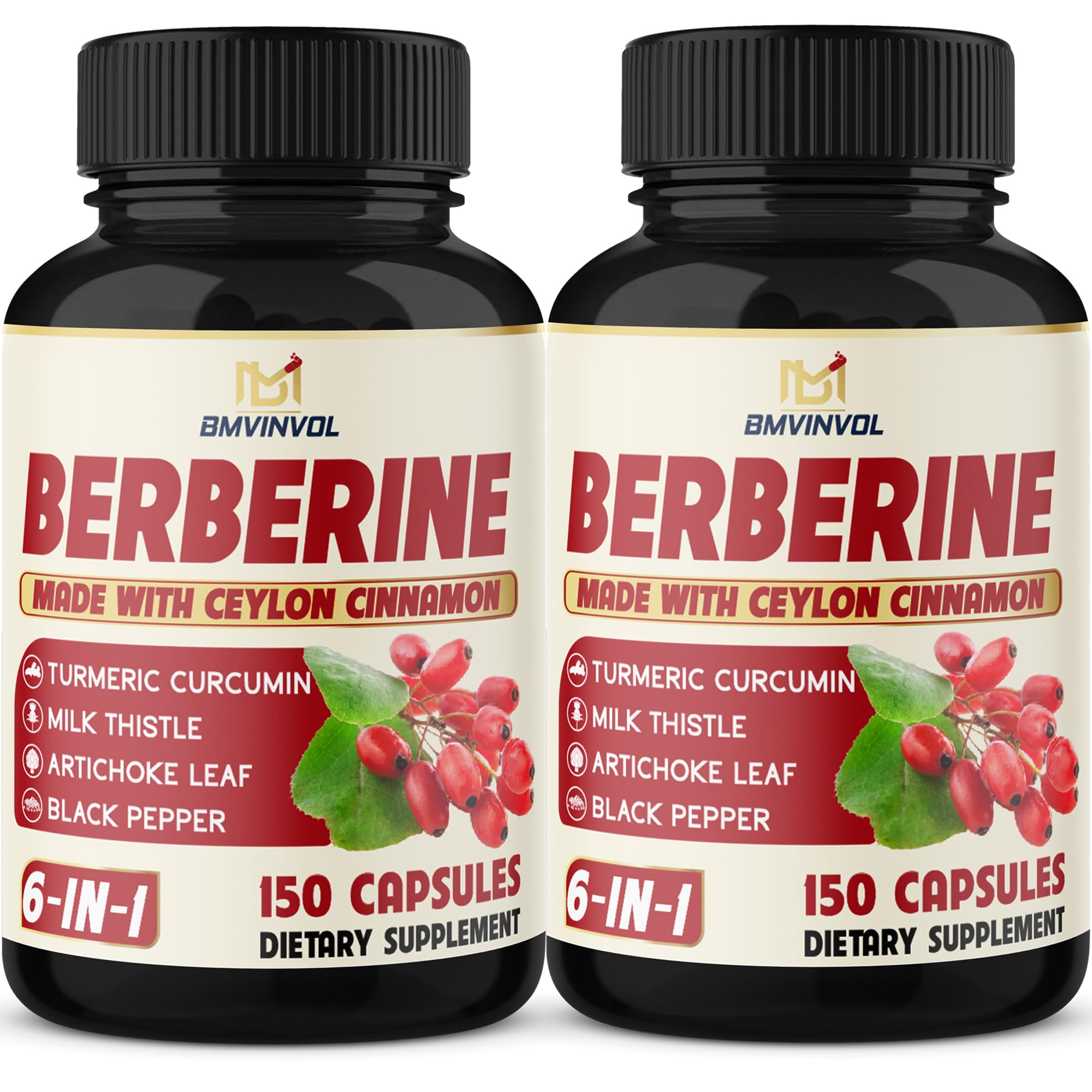 Two-pack Berberine HCl supplement bottles with cinnamon, turmeric, and herbs