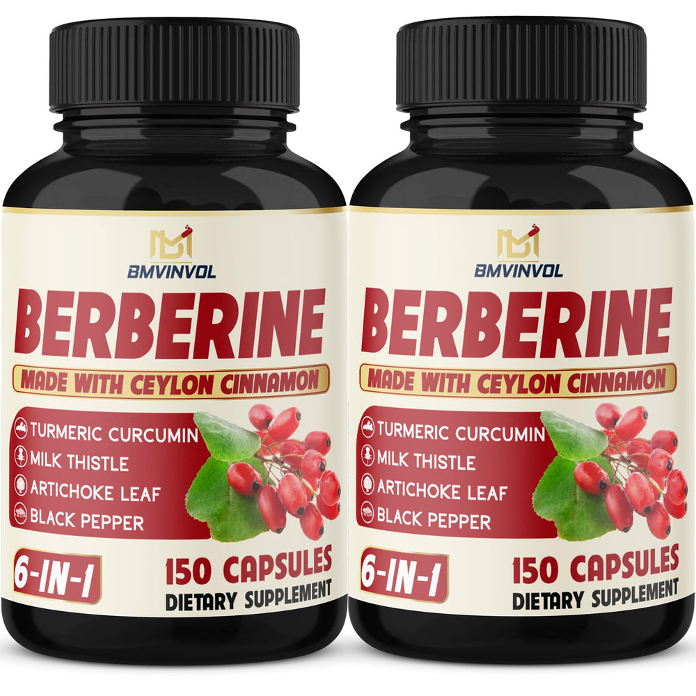 Two-pack Berberine HCl supplement bottles with cinnamon, turmeric, and herbs