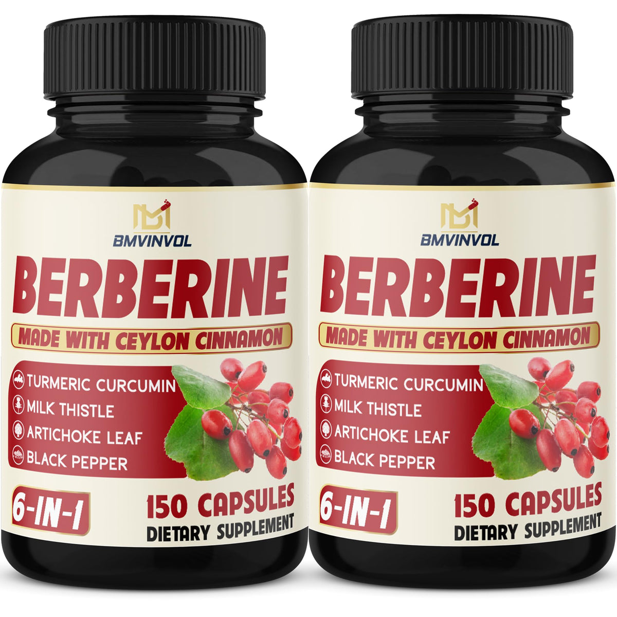 Two-pack Berberine HCl supplement bottles with cinnamon, turmeric, and herbs