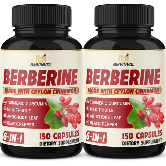 Two-pack Berberine HCl supplement bottles with cinnamon, turmeric, and herbs