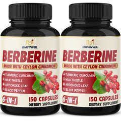 Two-pack Berberine HCl supplement bottles with cinnamon, turmeric, and herbs
