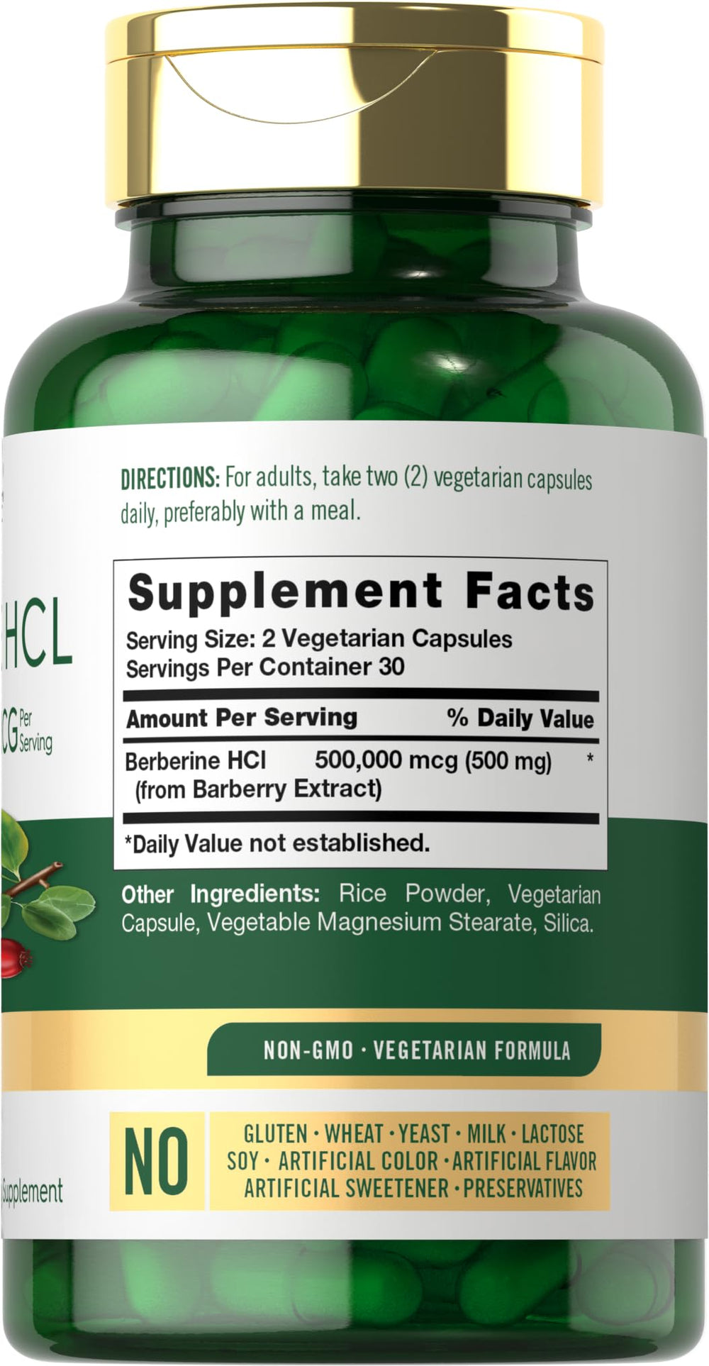 Close-up of Berberine HCL capsules labeled 500,000 mcg