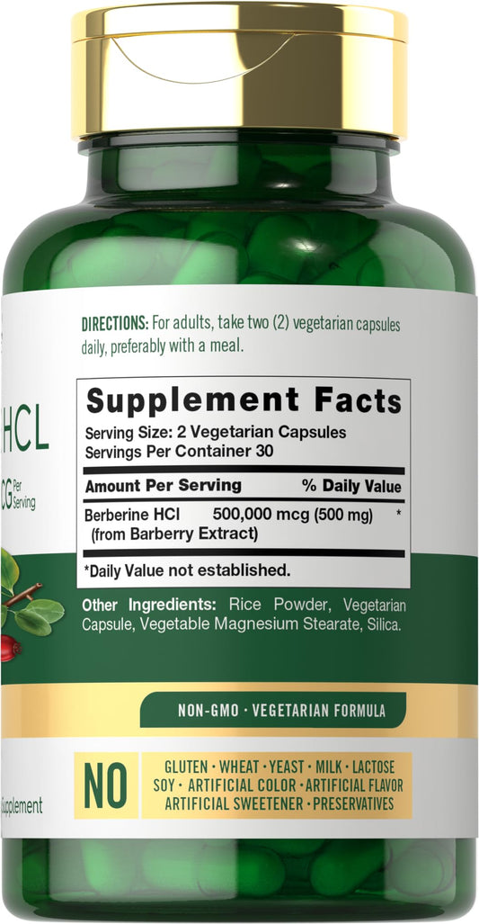 Close-up of Berberine HCL capsules labeled 500,000 mcg
