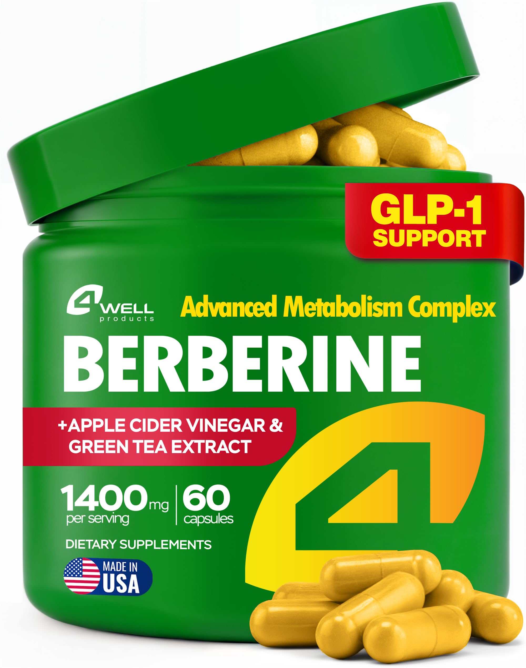 Berberine HCl supplement bottle with triple-strength GLP-1 activator, ACV and green tea extract