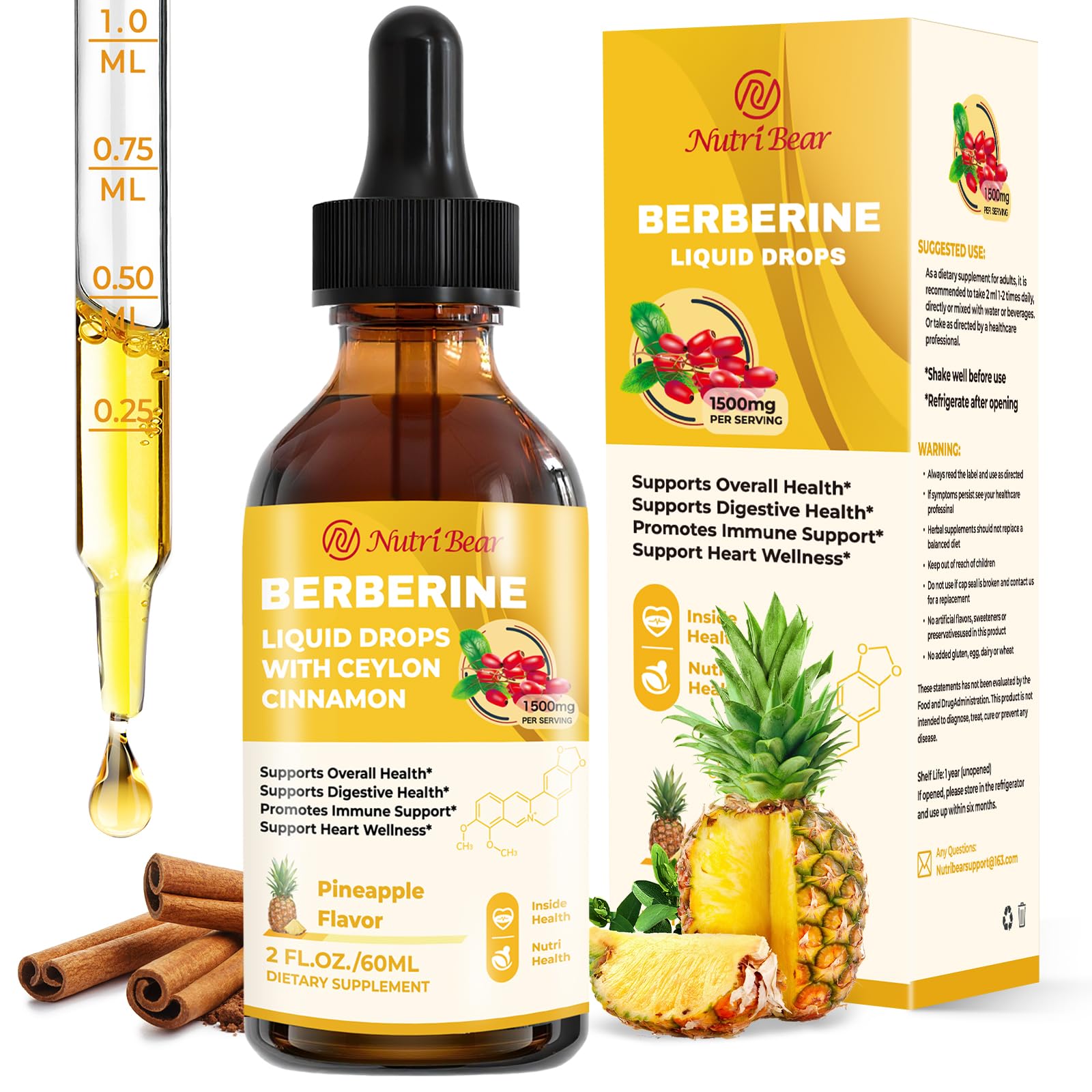 Berberine liquid drops bottle with Ceylon cinnamon and turmeric