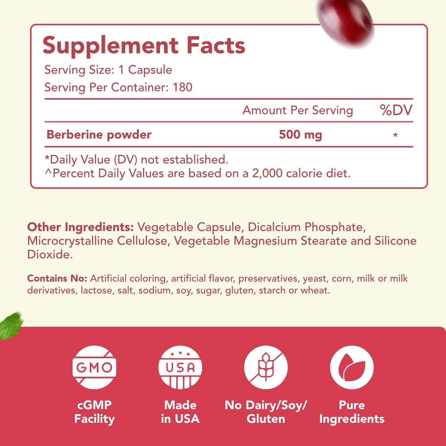 Berberine 500mg supplement with quercetin label