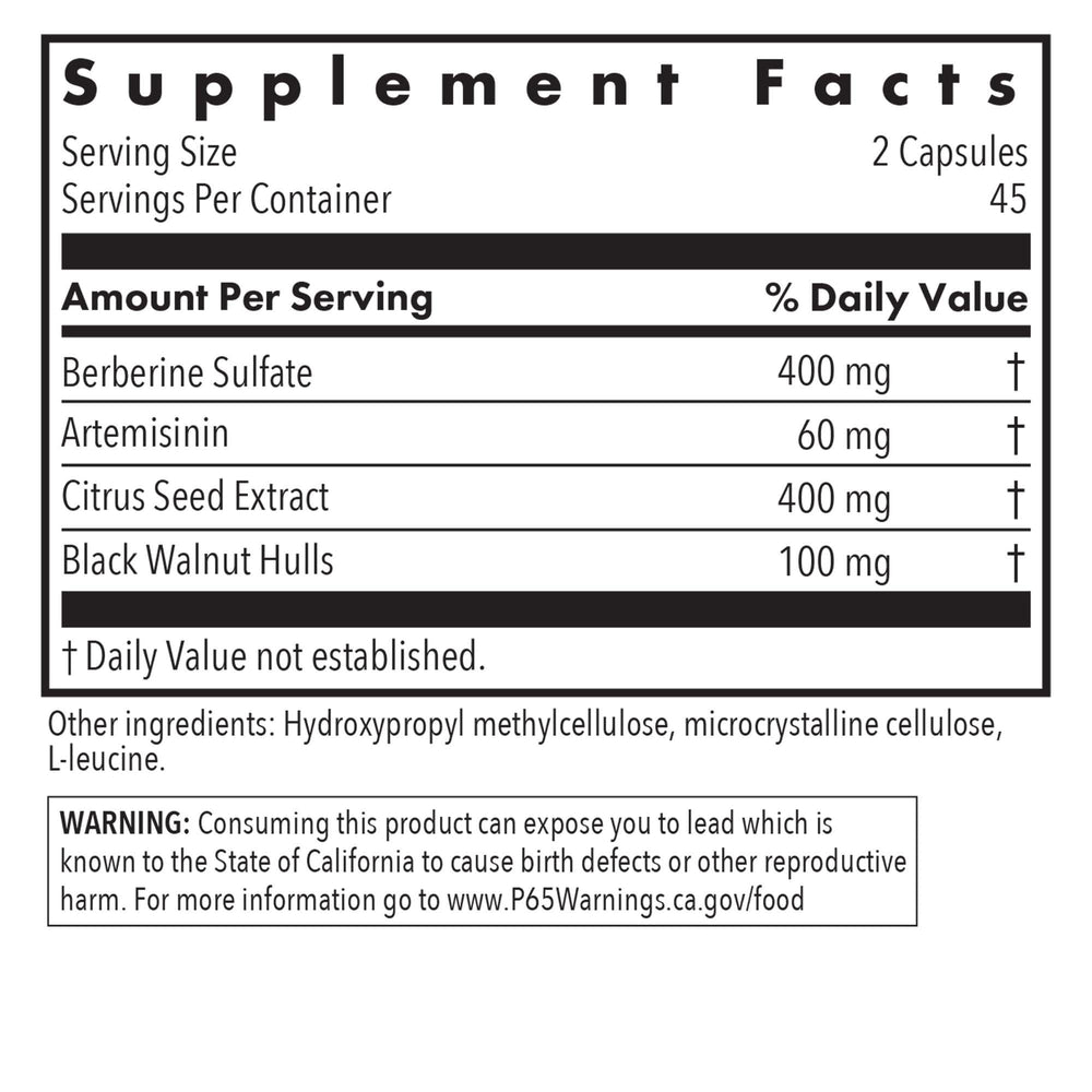 Berberine sulfate, artemisinin, grapefruit seed extract and black walnut hulls blend in Tricycline