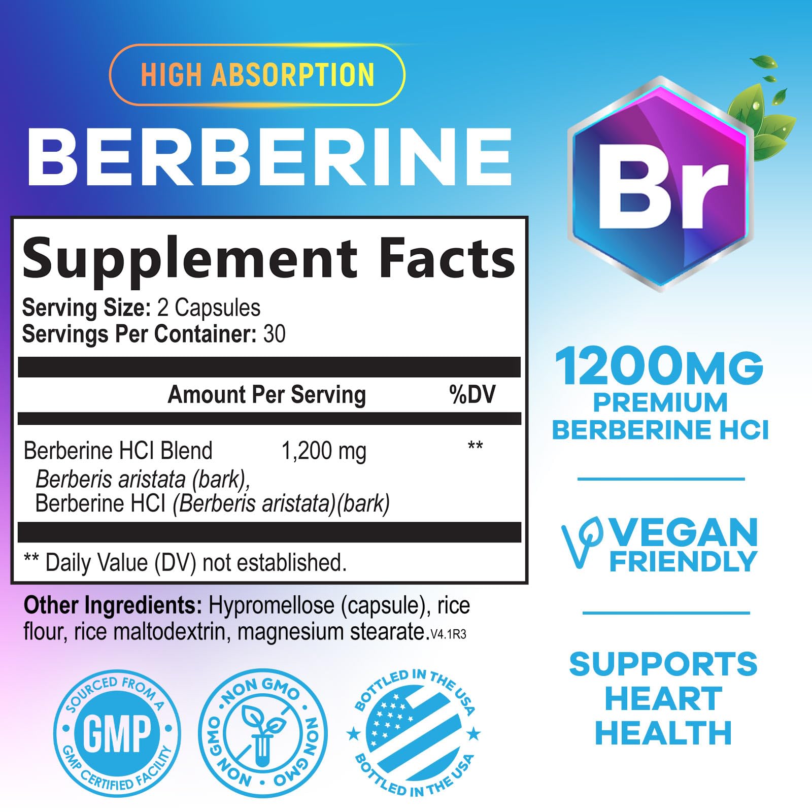 Back label of Berberine HCL 1200mg bottle