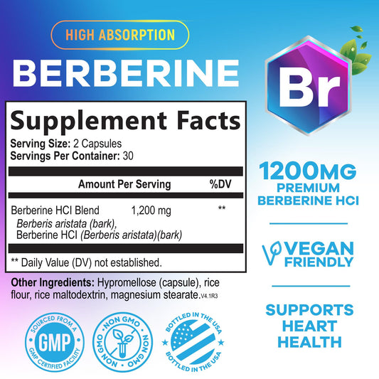 Back label of Berberine HCL 1200mg bottle