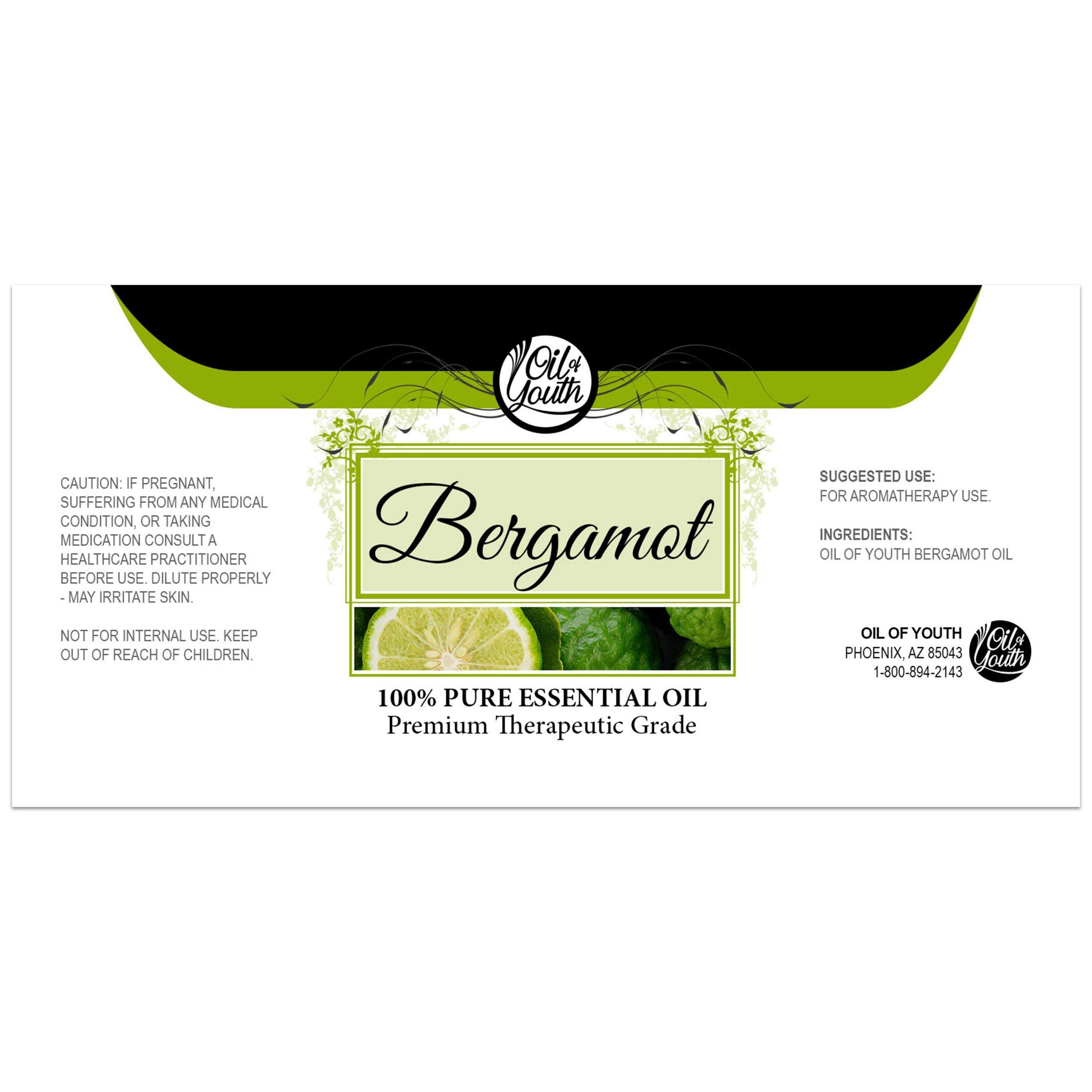 Label close-up of bergamot essential oil 16oz