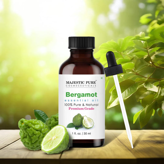 Bergamot essential oil in amber dropper bottle