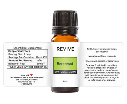 Close-up of bergamot essential oil bottle with citrus accents
