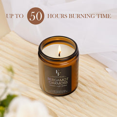 Lit Bergamot Oakmoss candle creating warm ambiance