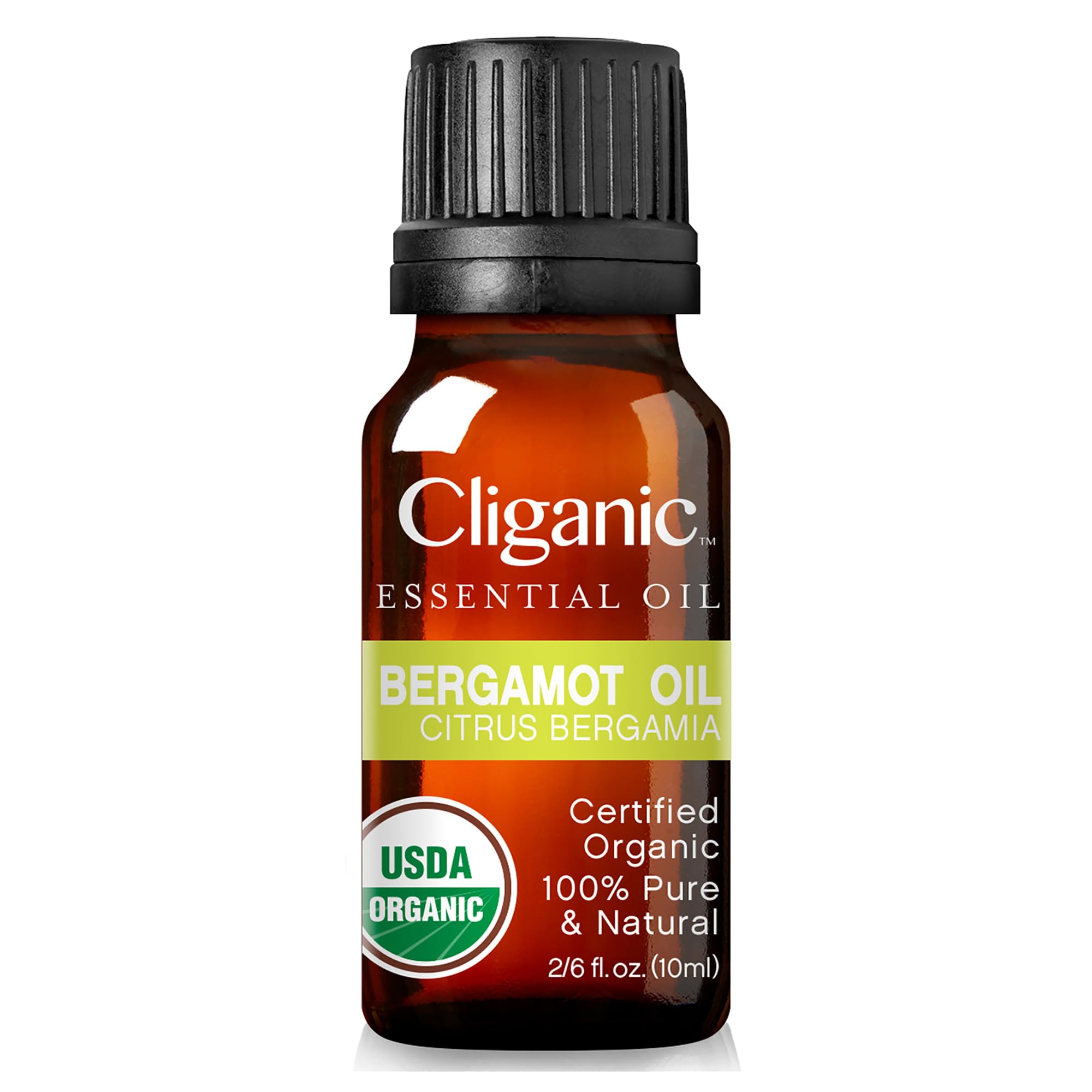 Amber glass Bergamot Oil bottle with close-up label