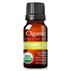 Amber glass Bergamot Oil bottle with close-up label