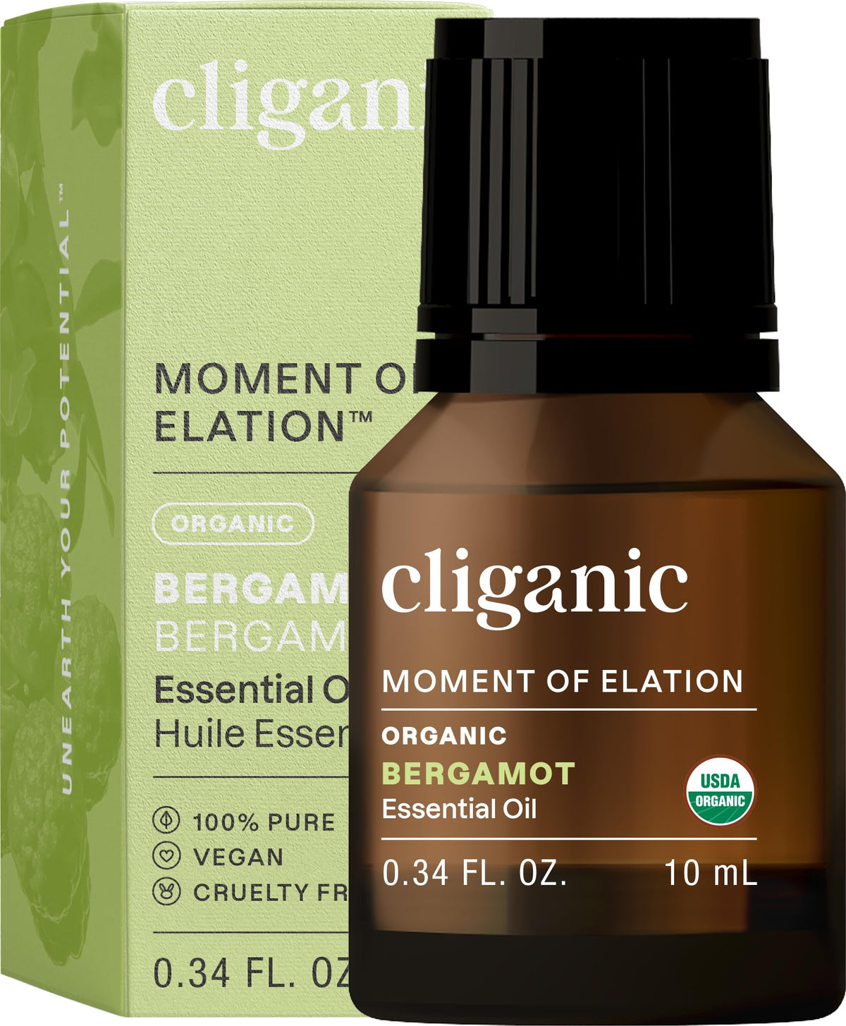 Cliganic Organic Bergamot Essential Oil bottle front view (0.33 fl oz)
