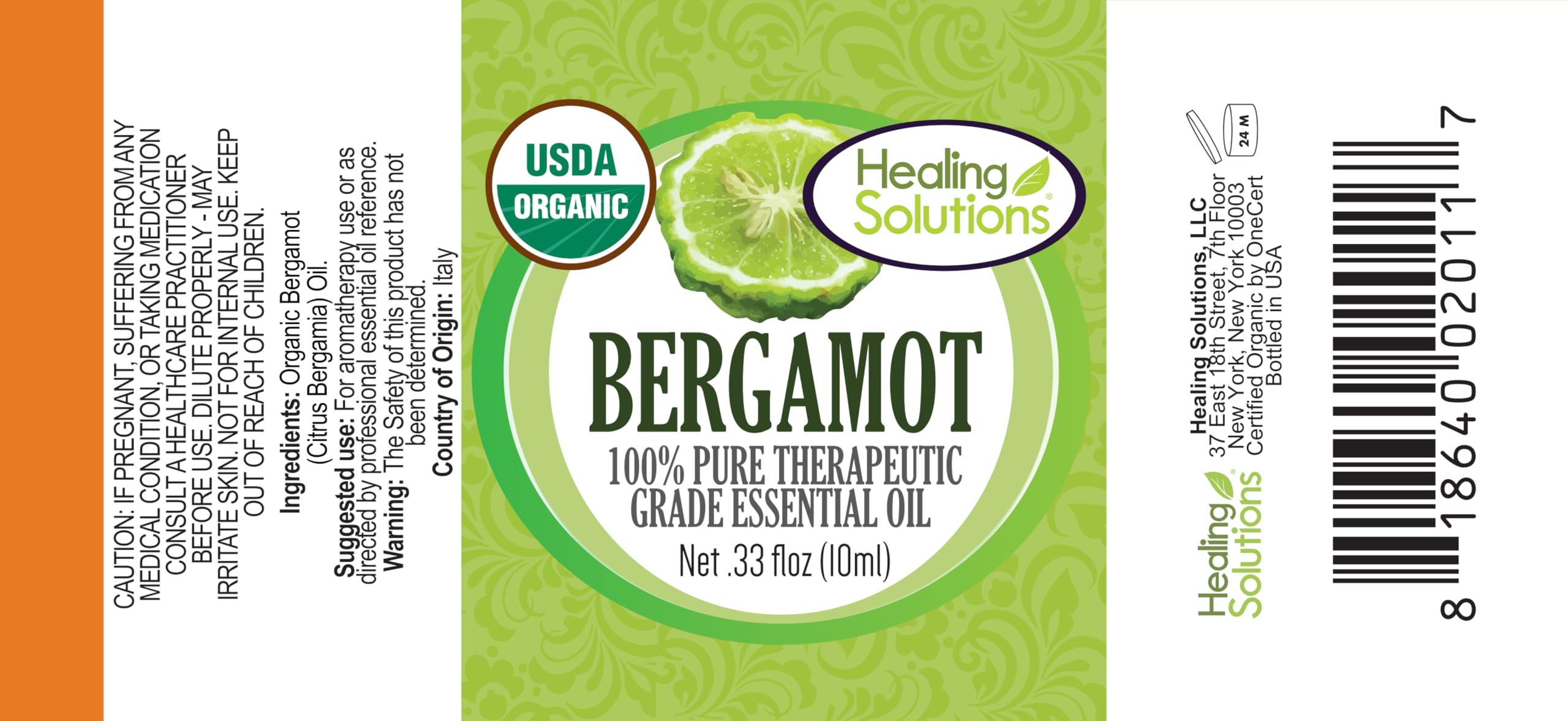 Packaging and label of Healing Solutions bergamot oil