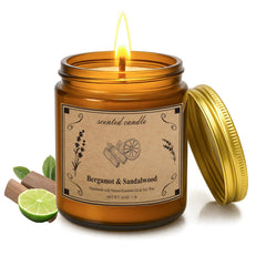 16oz Bergamot & Sandalwood soy wax candle in an amber glass jar