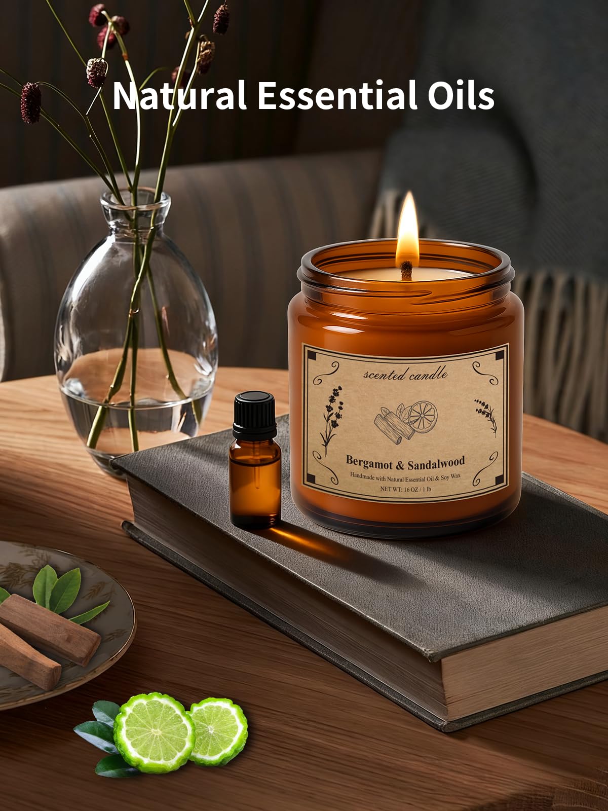 Amber glass jar with gold lid Bergamot & Sandalwood candle