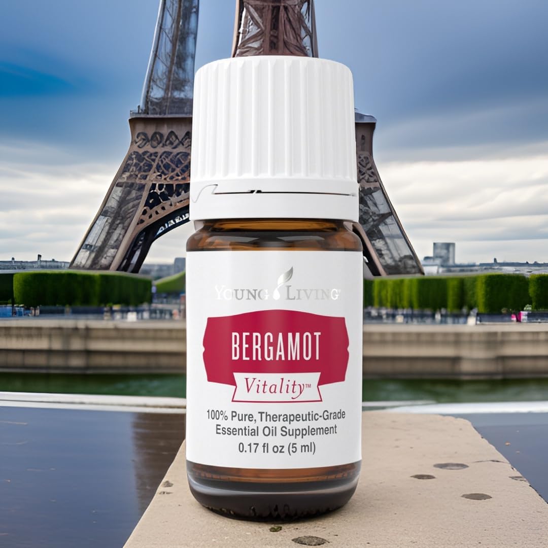 Bergamot Vitality oil drops illustrate a zesty flavor boost for beverages.