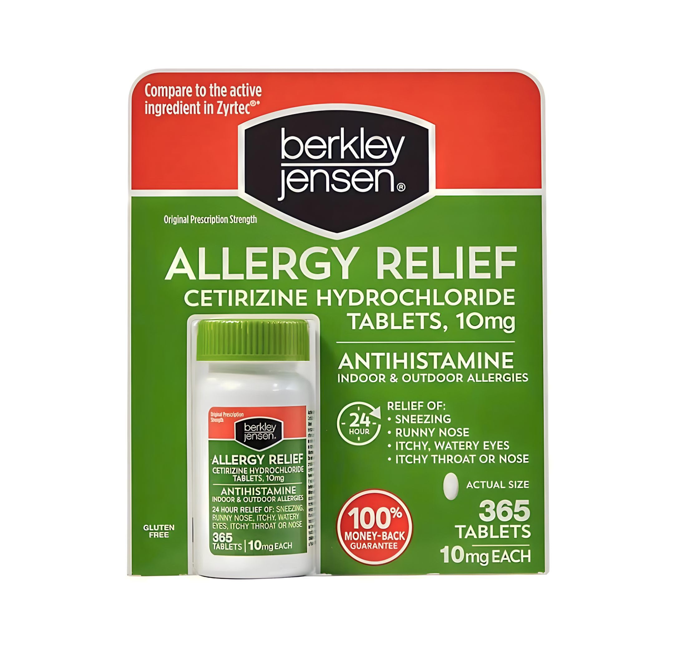 berkley jensen 24 hour allergy relief pill closeup for all-day comfort