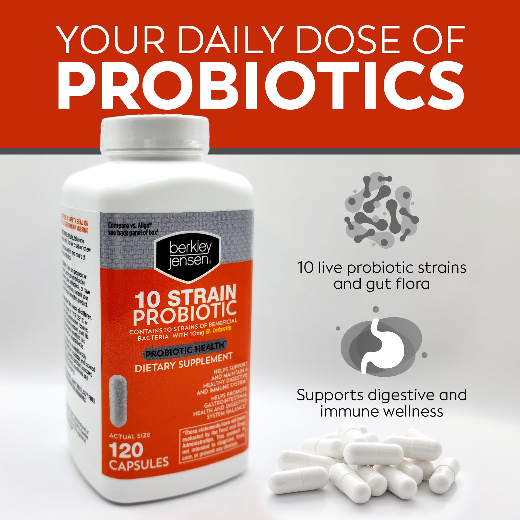 Front label of Berkley Jensen probiotic bottle