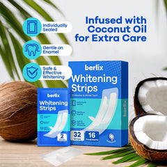 Applying Berlix whitening strip to the teeth