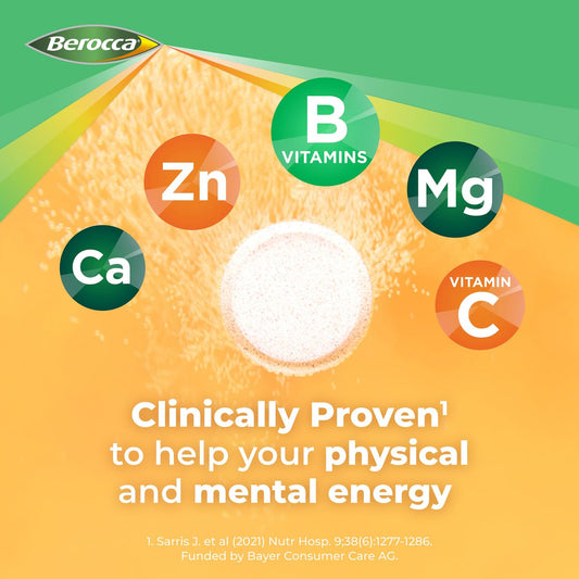 Orange-flavoured Berocca effervescent tablet dissolving in water