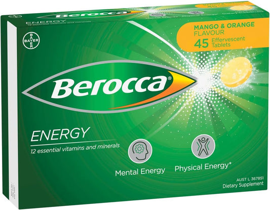 Berocca Energy Mango & Orange effervescent tablets front view in 45-count tube