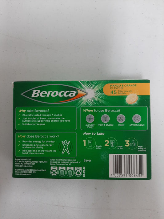 Berocca Energy Mango & Orange tablets side view with packaging