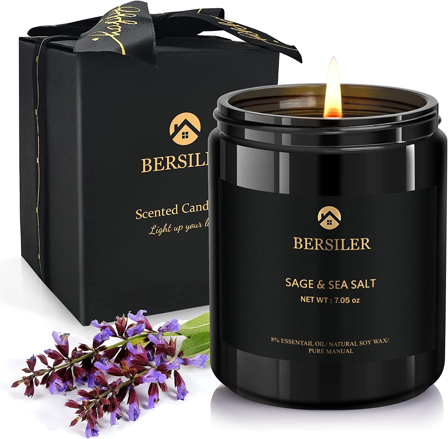 Bersiler Sage & Sea Salt scented candle in black jar