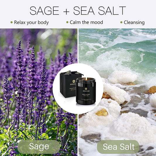 Close-up of Sage & Sea Salt candle with black jar