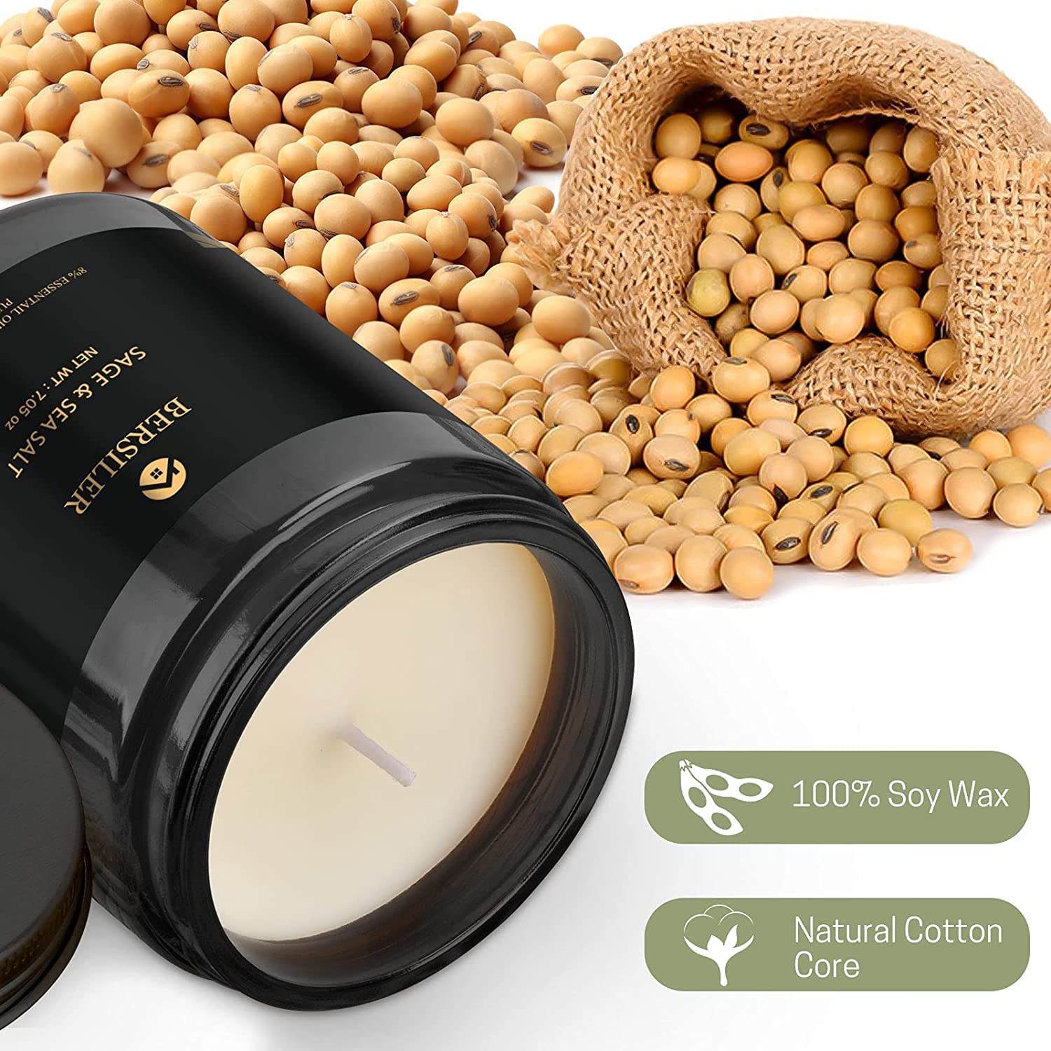 Label on Bersiler candle showing natural soy wax 200g/7oz