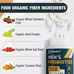 Besenify Probiotics for Men packaging featuring turmeric, cranberry, and goji