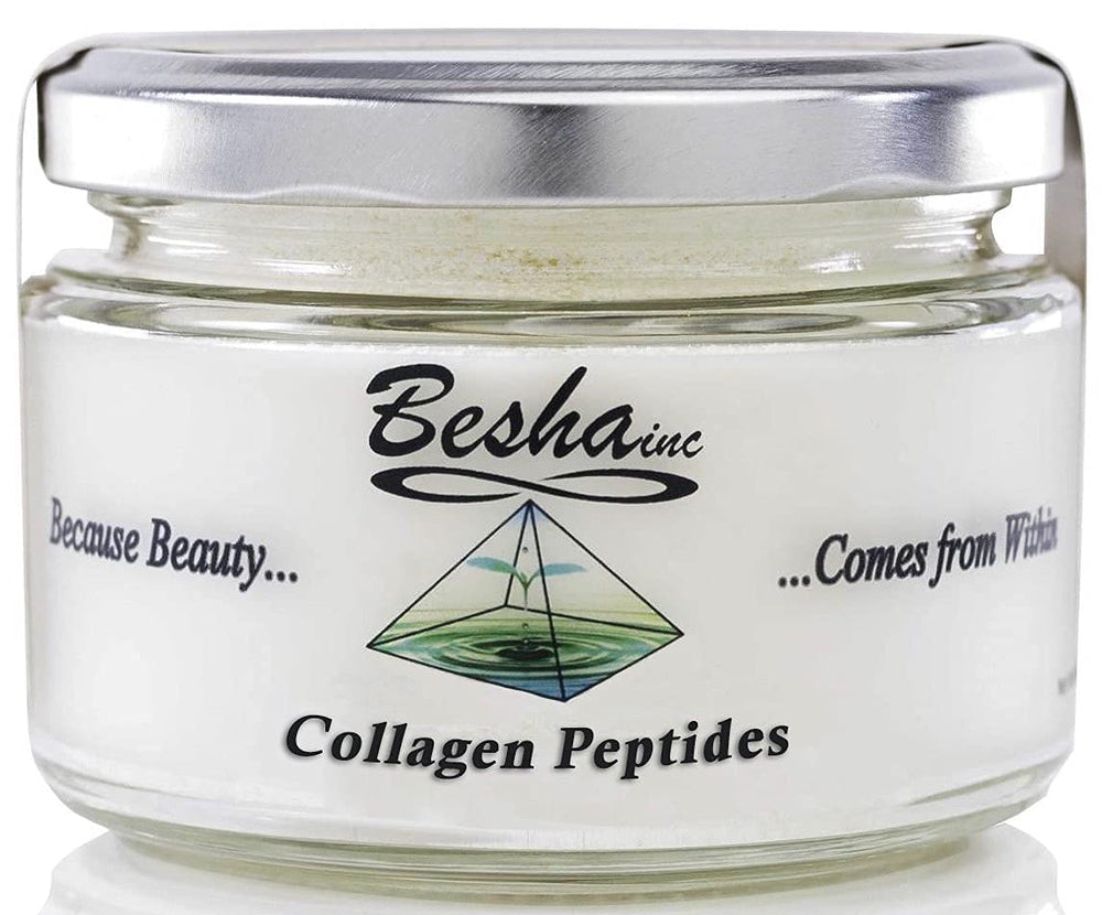 BESHA INC Verisol collagen powder bottle beside glass