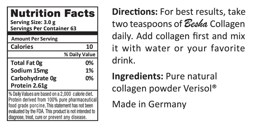 Besha Verisol collagen powder label detail shows clean, non-GMO quality