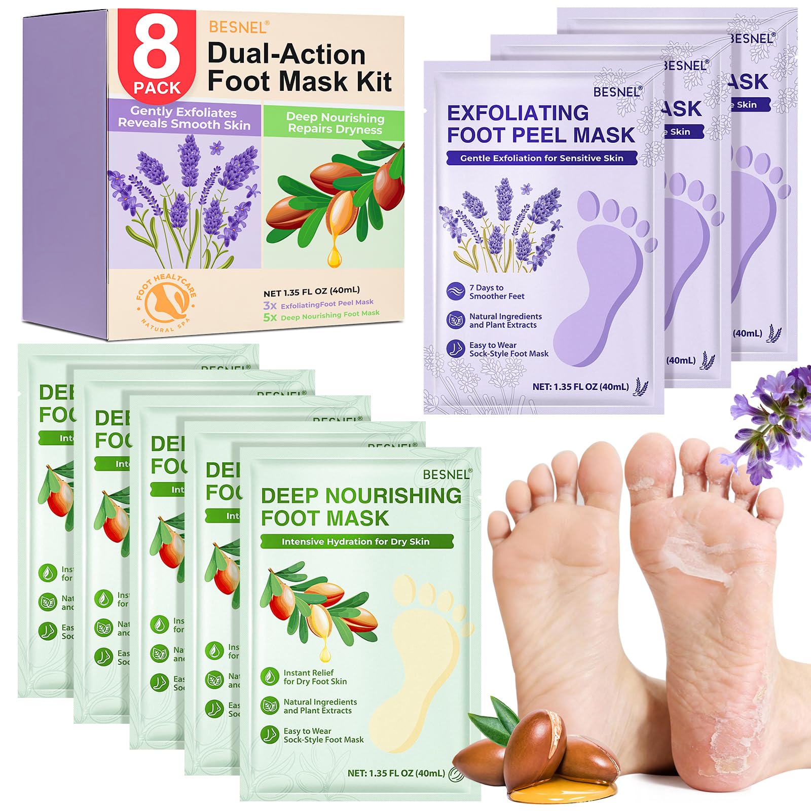 BESNEL foot mask exfoliating pair showing removal of dead skin for smoother feet.