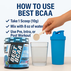 Close-up of Best BCAA packaging with scoop