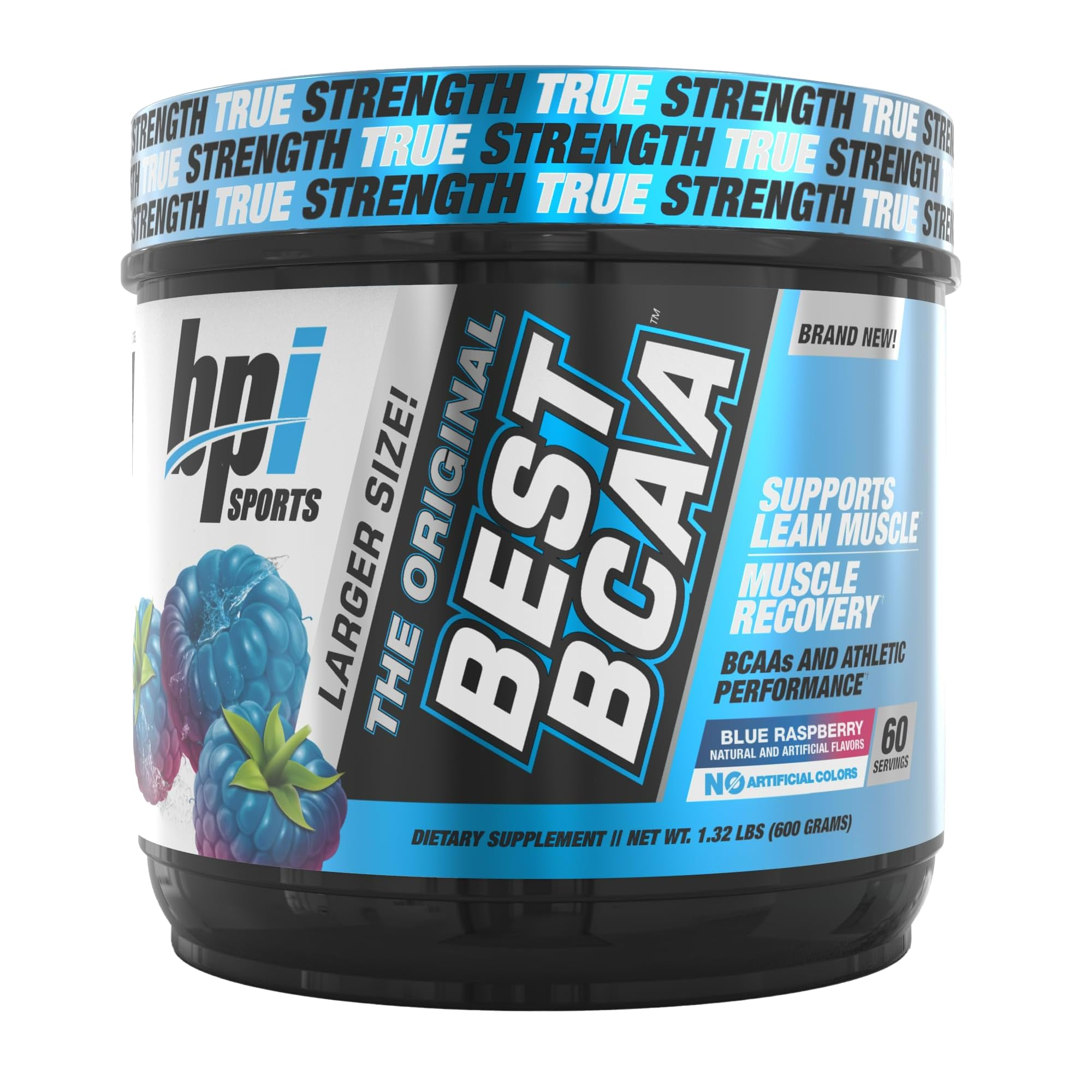 Front view of BPI Sports Best BCAA bottle in Blue Raspberry flavor