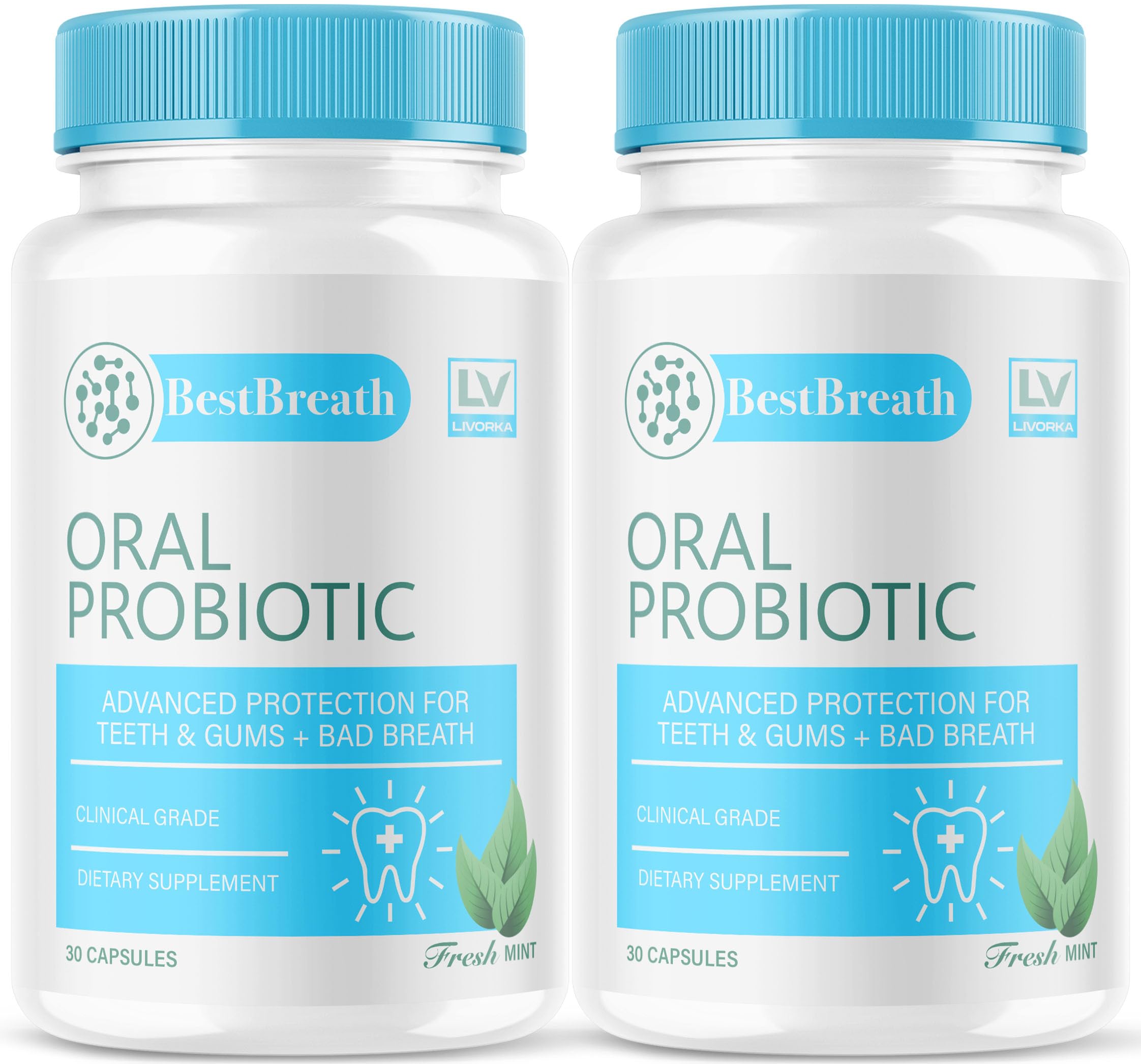 Best Breath Oral Probiotic bottle and capsules on white background