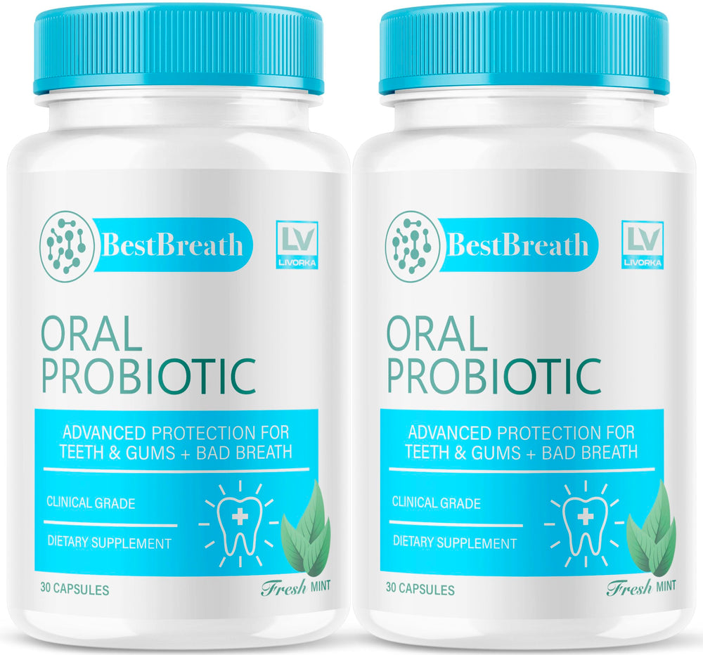 Best Breath Oral Probiotic bottle and capsules on white background